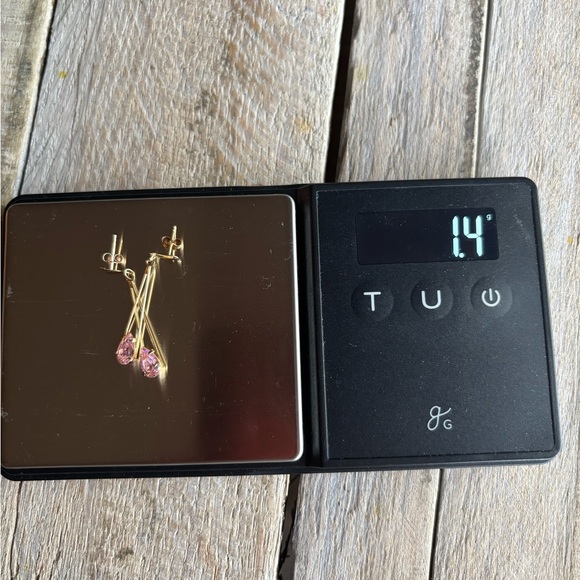 14k Gold Teardrop Dangle and Pink Stone Earrings - Picture 7 of 7